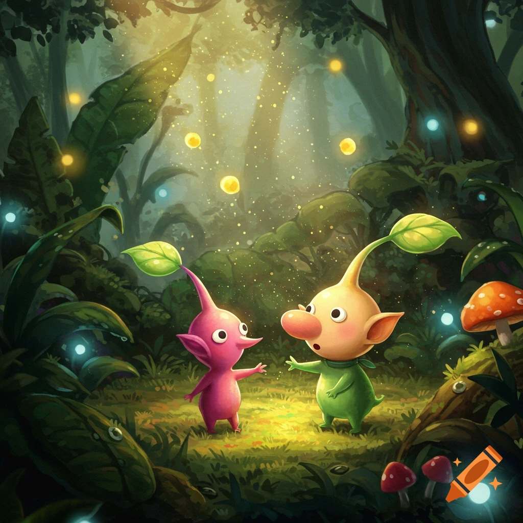 A pink Pikmin and a yellow Pikmin interact in a lush, magical forest with glowing orbs and mushrooms.
