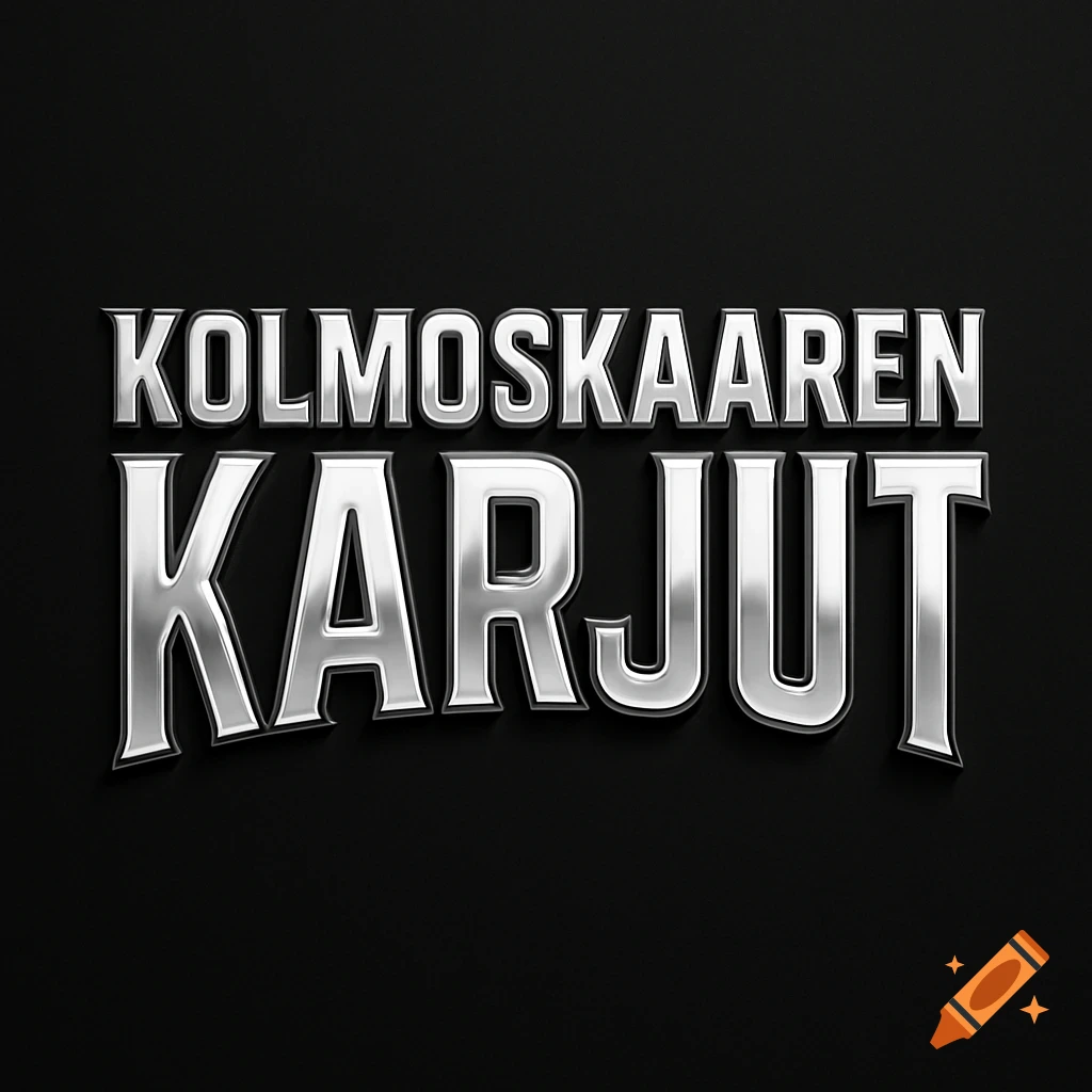 Silver 3D text 'KOLMOSKAAREN KARJUT' on a black background.