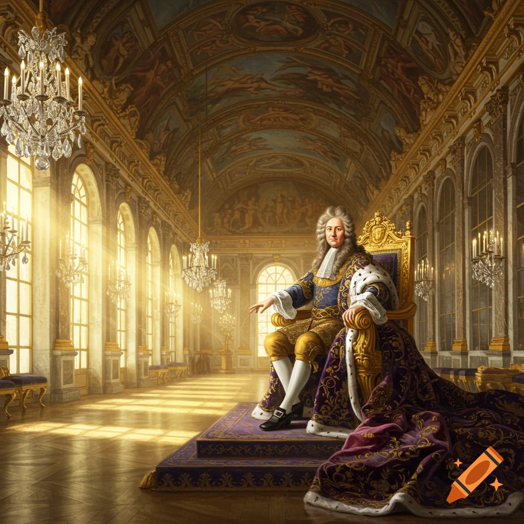 A king in opulent robes sits on a golden throne in a grand, sunlit palace hall with chandeliers and ceiling murals.
