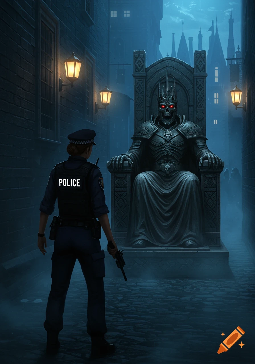 A policewoman stands in a dark alley at night, facing a menacing lich king statue on a throne with glowing red eyes.
