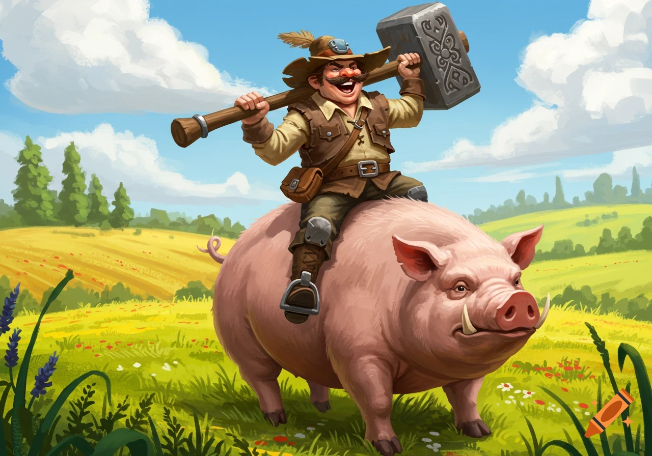 A cartoon man with a mustache rides a large pink pig through a field, holding a huge hammer over his shoulder. Blue sky and green hills.