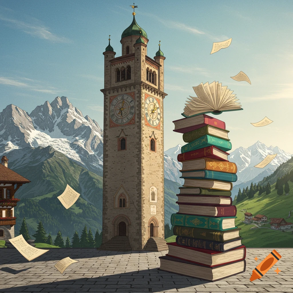 A tall clock tower stands next to an equally tall stack of colorful books, with snowy mountains in the background and papers flying in the sky. The style is illustrative.