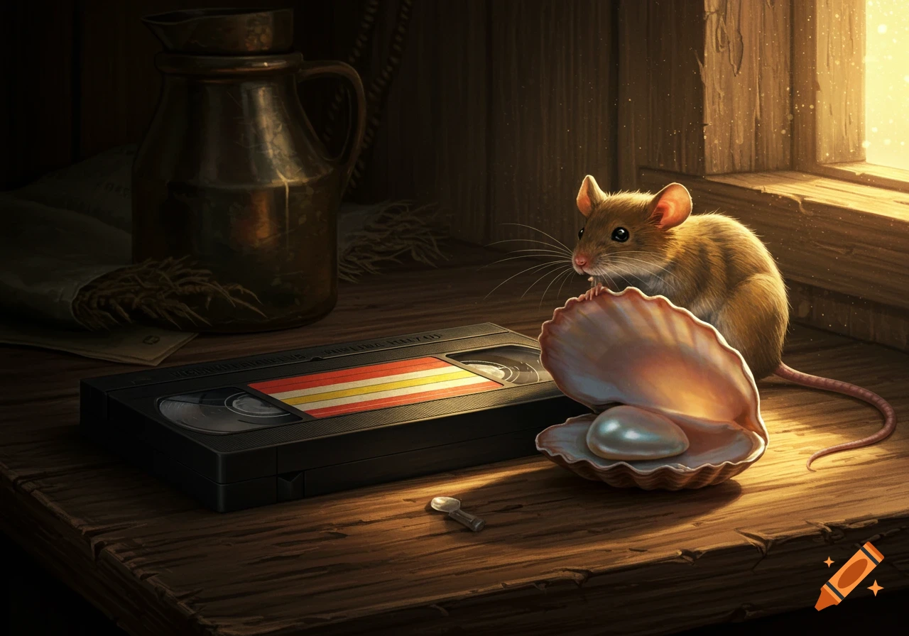 A mouse looks at a VHS tape and an open shell with a pearl on a sunlit wooden table.