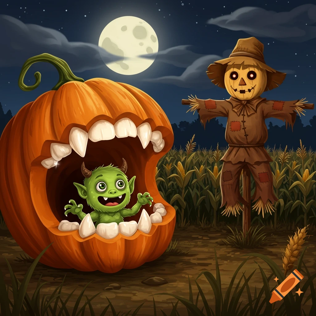 Cartoon Halloween scene at night: a green monster peeks from a sharp-toothed pumpkin, next to a scarecrow in a cornfield under a full moon.