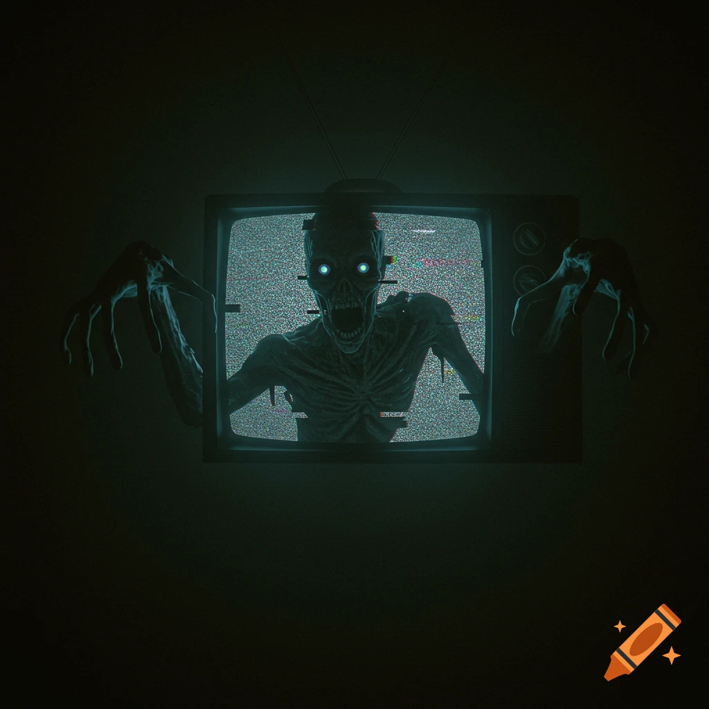 A grotesque, boney monster with glowing eyes emerges from a static-filled retro TV screen in a dark, analogue horror style.
