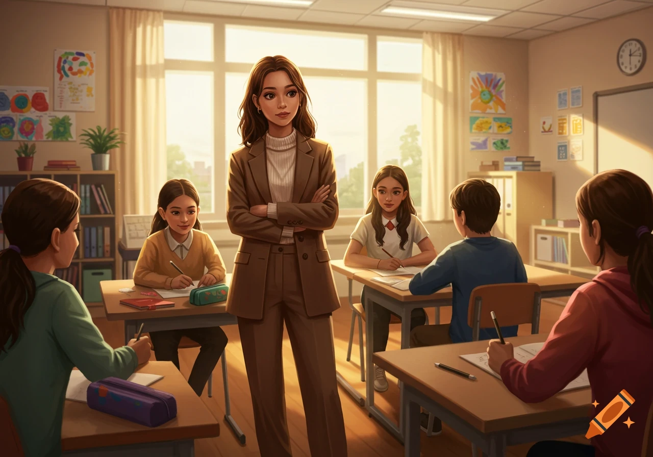 An illustration of a female teacher standing with folded arms in a bright classroom while students write at their desks.