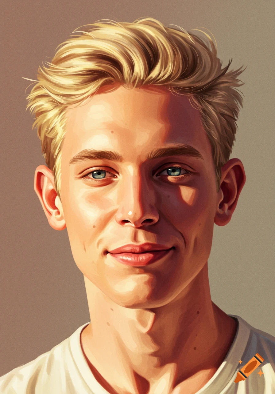 Digital painting of a young man with blond hair, blue eyes, and a slight smile, illuminated by warm sunlight.