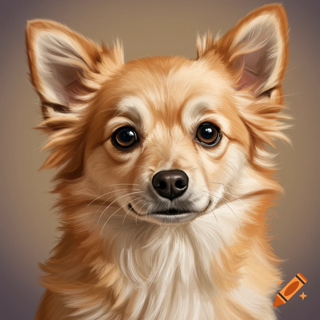 A fluffy, light brown and white dog with large dark eyes gazes directly at the camera in a detailed portrait.