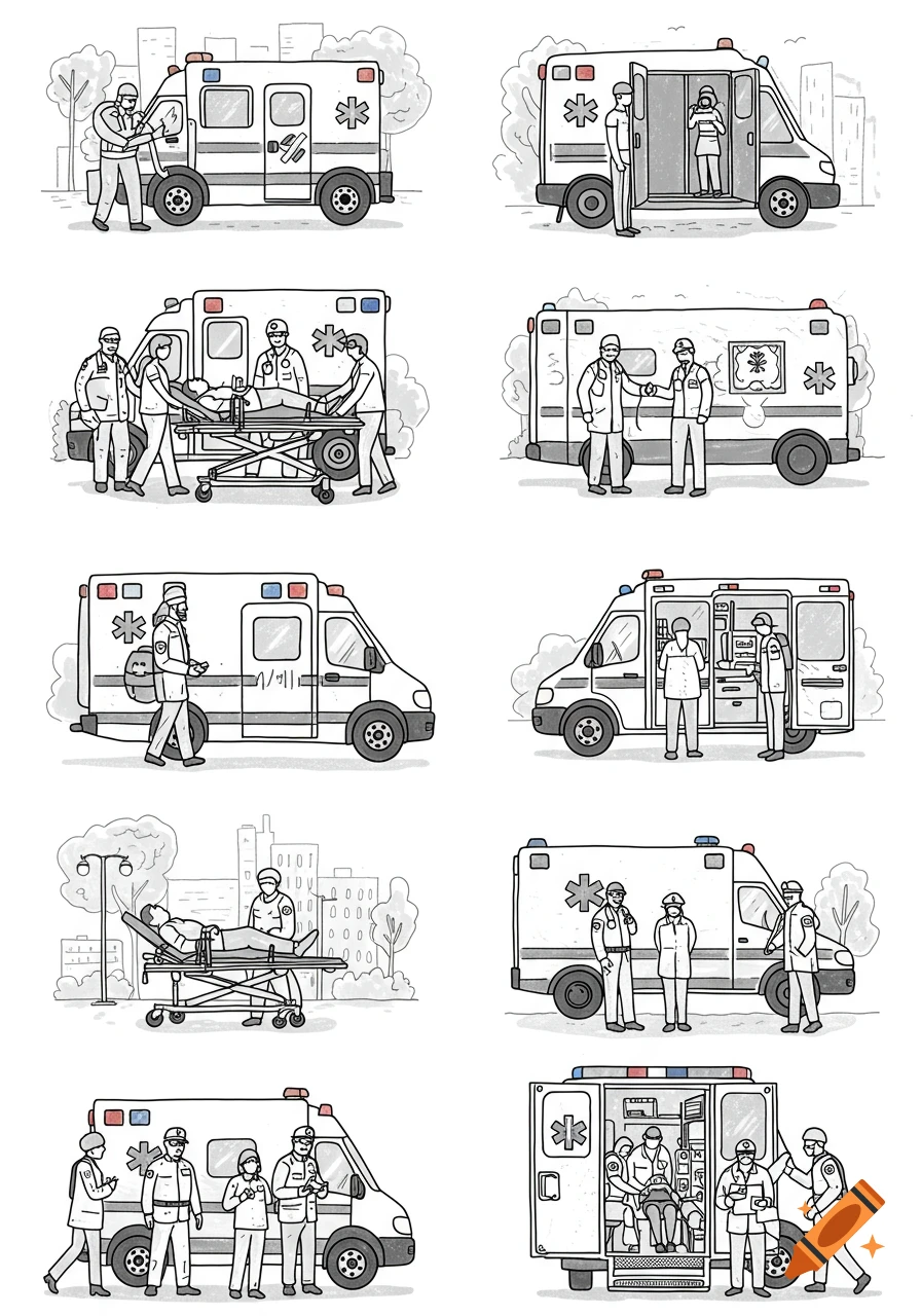Eight black and white cartoon-style illustrations showing paramedics with ambulances in various situations, assisting patients.