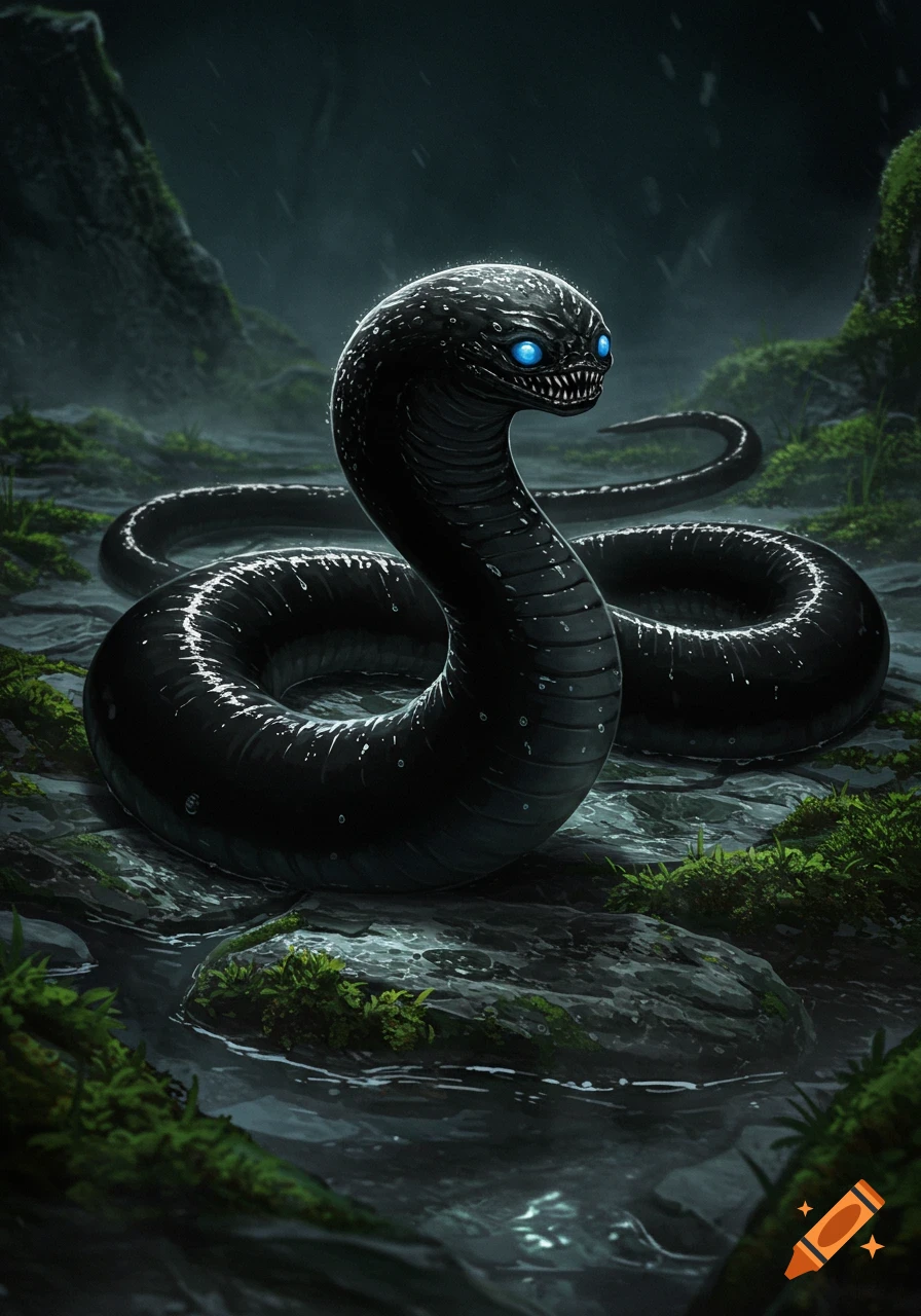 A black, wet, leech-like creature with glowing blue eyes and sharp teeth slithers on mossy rocks in a dark, rainy fantasy scene.