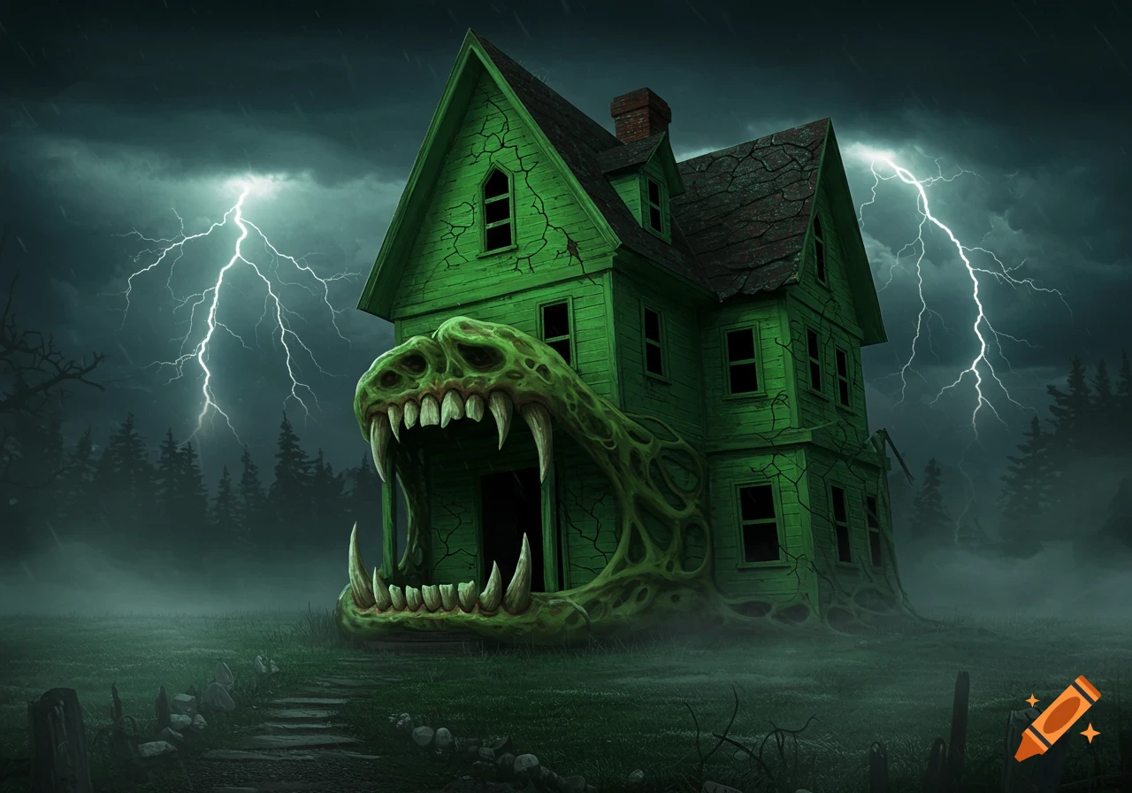 Creepy green house with a monstrous toothy mouth under a stormy, lightning-filled sky in a misty landscape.