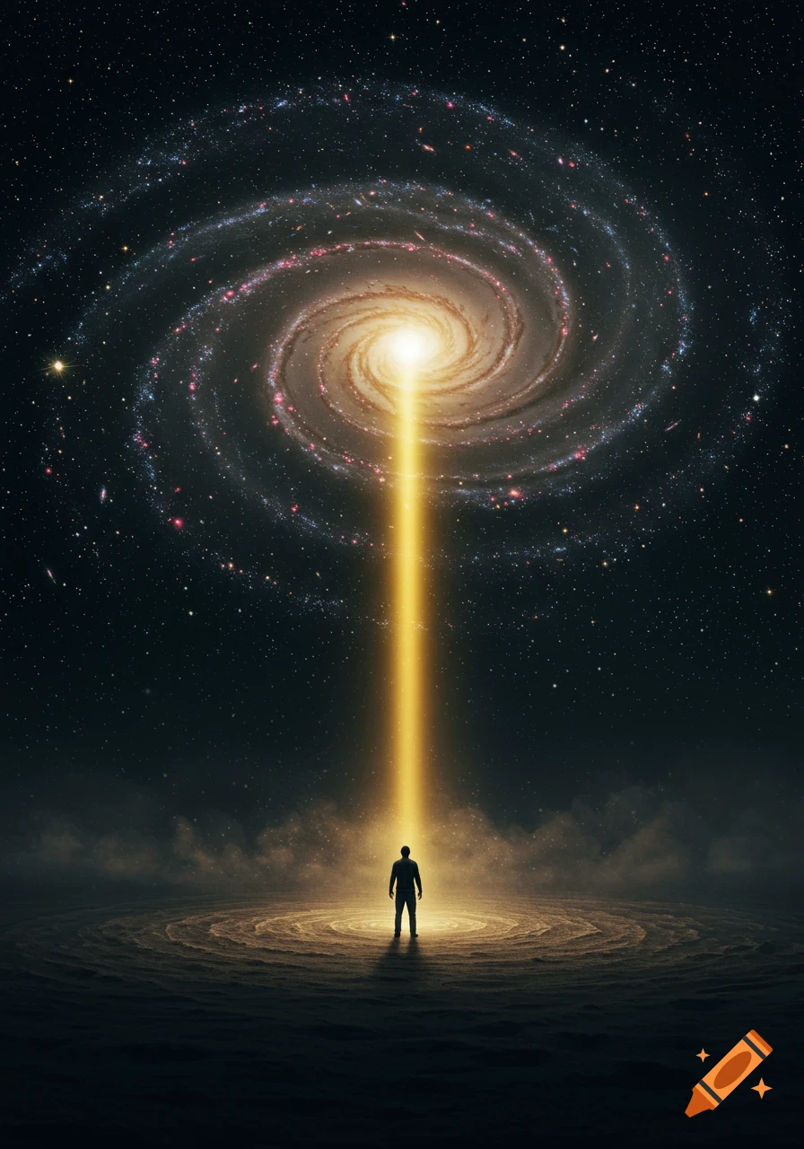 A lone person stands under a vast starry sky with a swirling galaxy above, illuminated by a golden light beam from the sky.