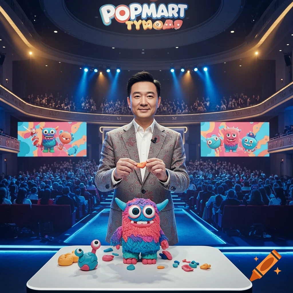 A Chinese CEO presents colorful monster toys on a stage to a large audience.