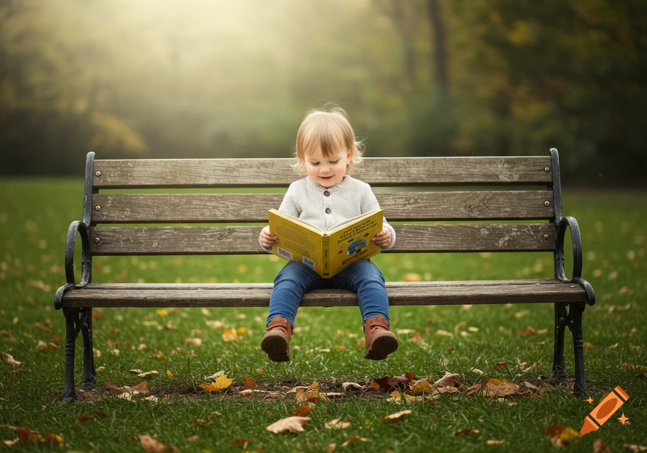 A smiling toddler sits on a park bench, engrossed in reading a yellow book, with autumn leaves scattered on the grass.