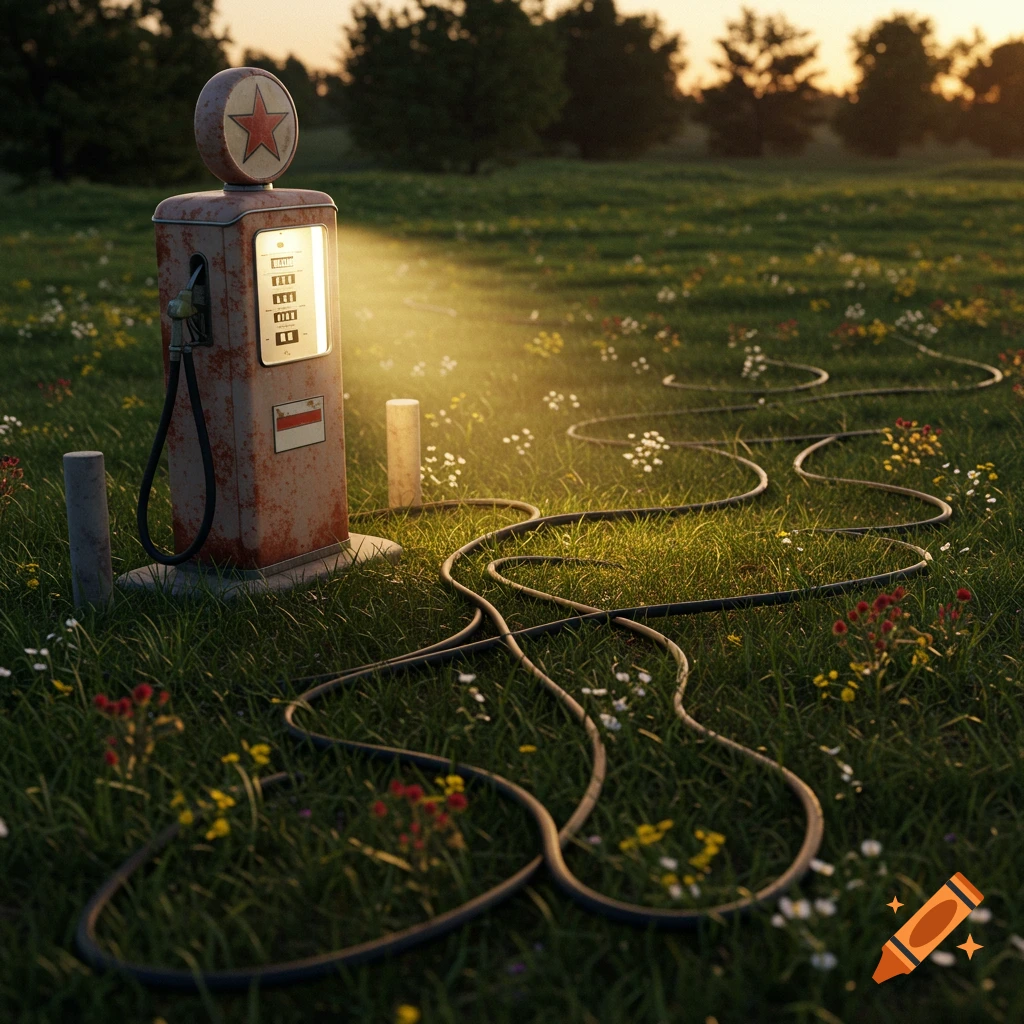 An old, rusted gas pump with a star emblem glows brightly in a grassy meadow filled with wildflowers at sunset. Black hoses snake across the grass.