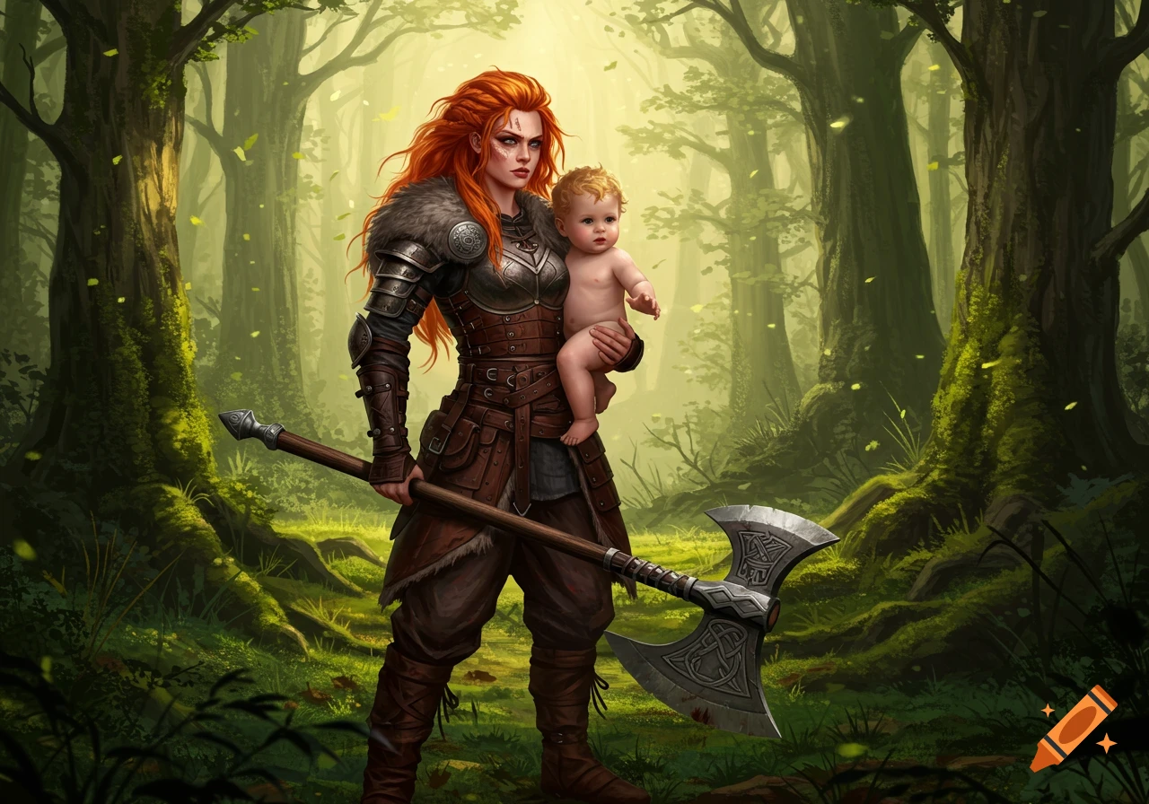 A red-haired warrior woman in armor holds a blond baby and a large axe in a lush fantasy forest, digital art.
