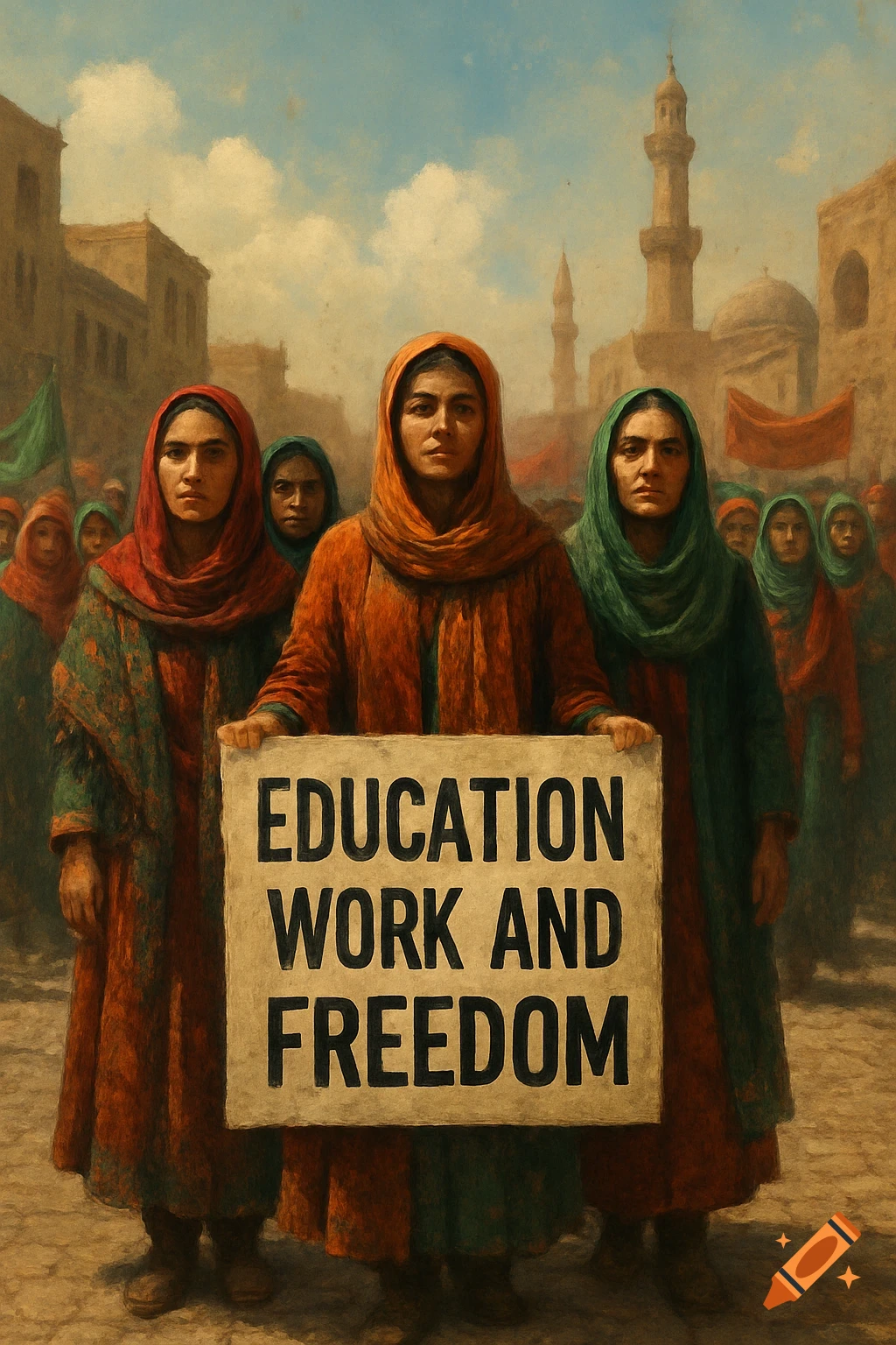 A painting depicts three women in traditional attire holding a large sign that reads 'EDUCATION WORK AND FREEDOM' at a protest.