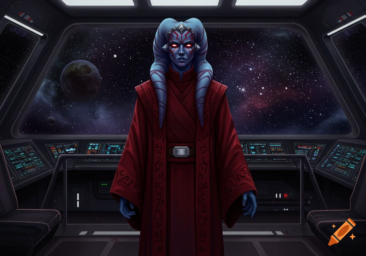 A blue-skinned Twi'lek woman with red facial markings and glowing red eyes stands in a spaceship cockpit, wearing a red robe.