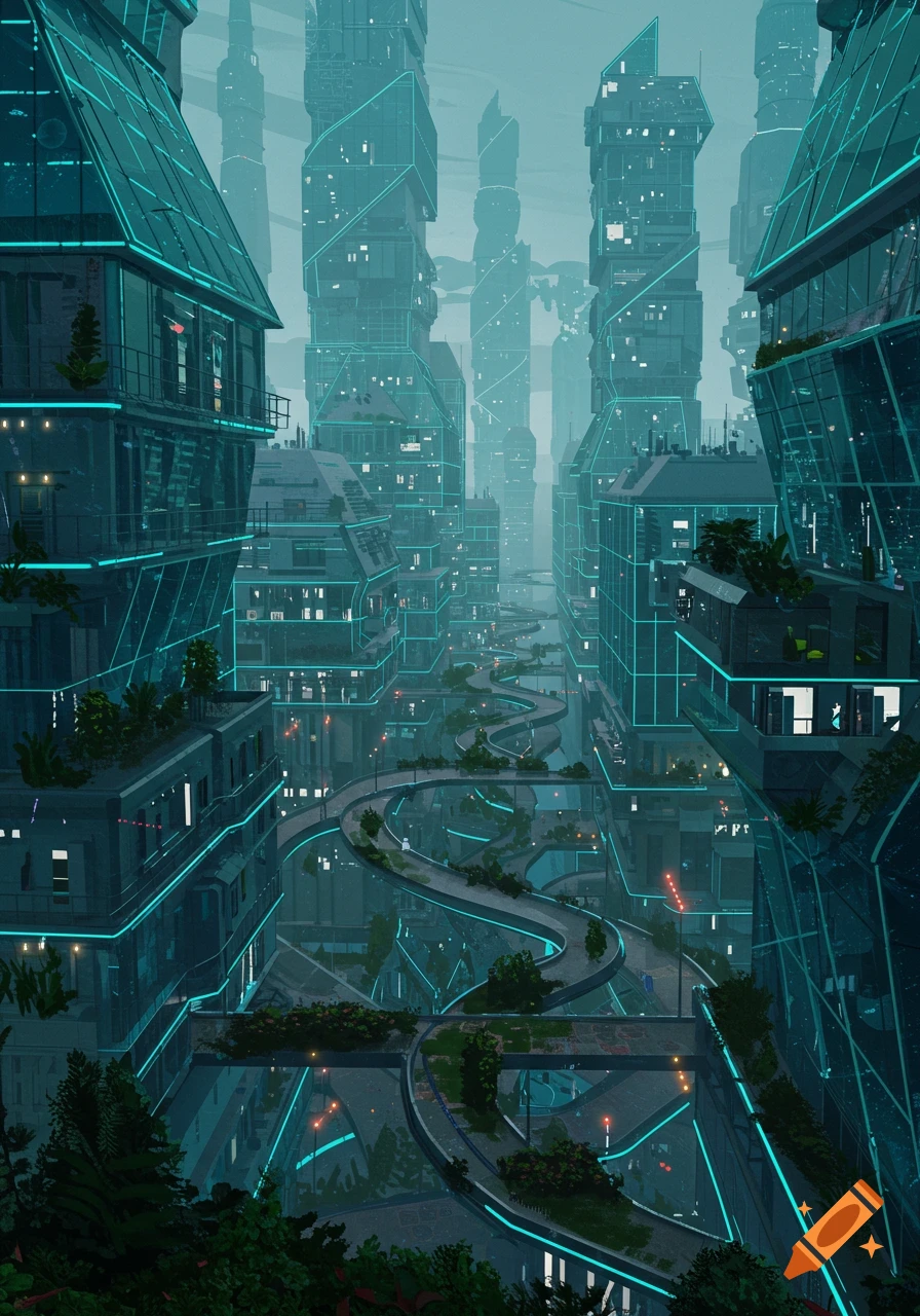 Stylized futuristic cityscape featuring tall, glowing teal-lit buildings, elevated winding roads, and scattered greenery.