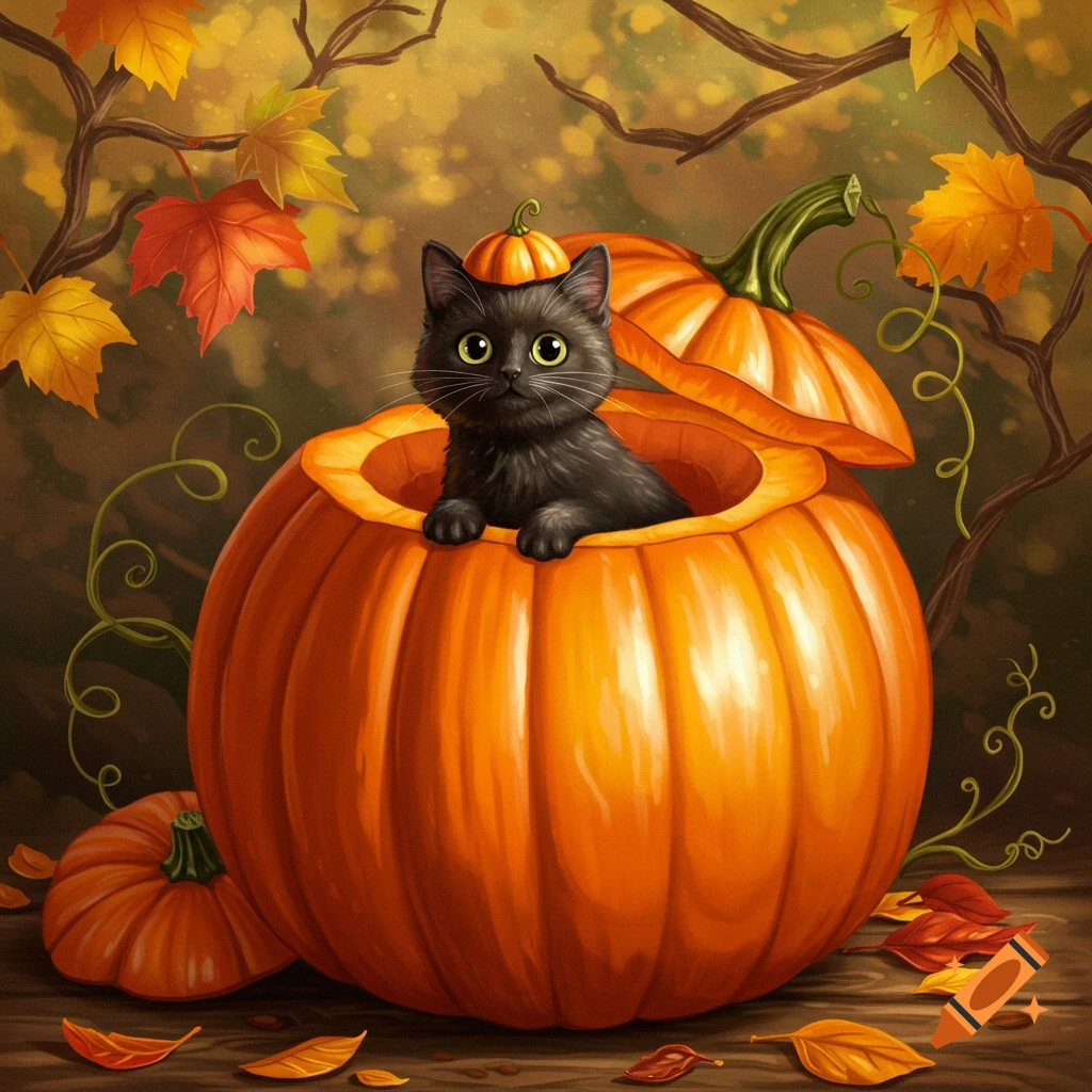 A cute black cat with big green eyes sits inside a large orange pumpkin, wearing a tiny pumpkin cap, surrounded by autumn leaves and branches.