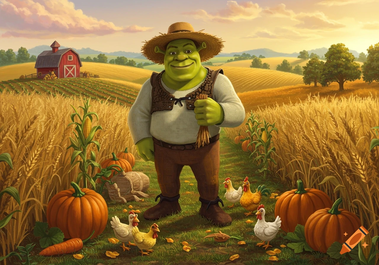 Cartoon Shrek as a farmer standing in a golden wheat field with pumpkins, chickens, and a red barn under a sunset sky.