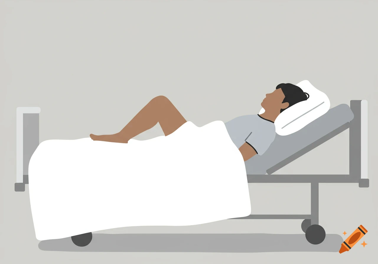 Side view of a person lying in a hospital bed with one knee bent, in a simple flat illustration style.