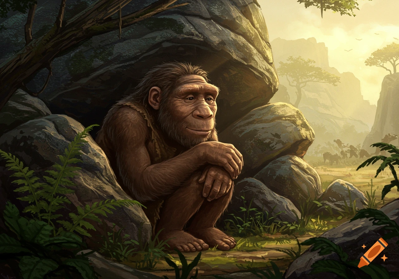 A Neanderthal crouches by rocks, observing a bright prehistoric landscape with distant herds, in a detailed illustration.