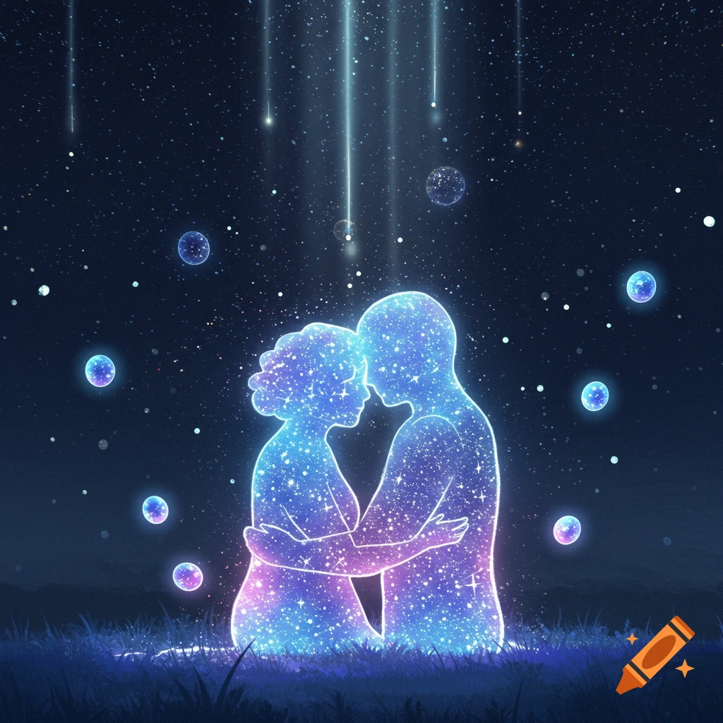 Two ethereal, star-filled figures embrace under a night sky with shooting stars and luminous orbs in a fantasy style.