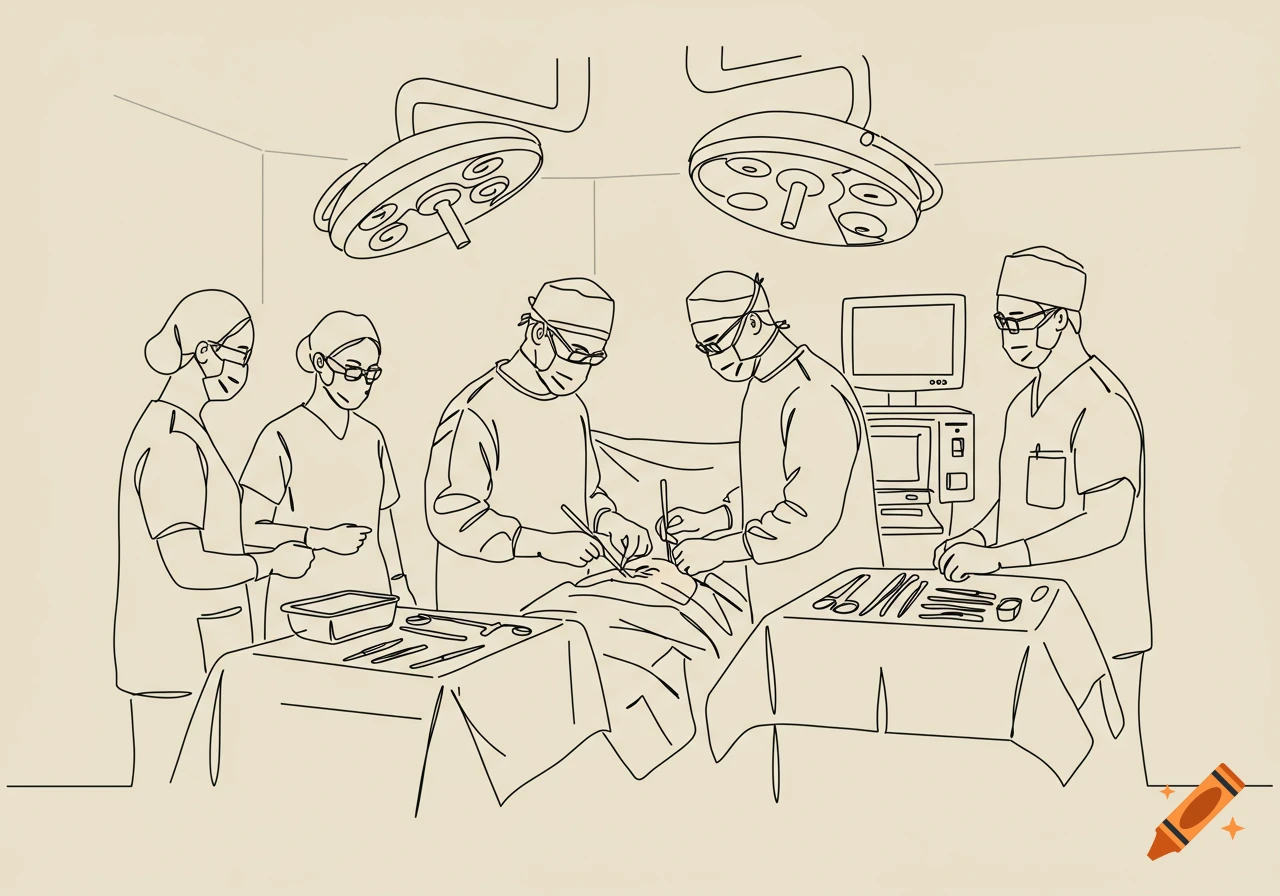 Line art illustration of a surgical team performing an operation in an operating room.
