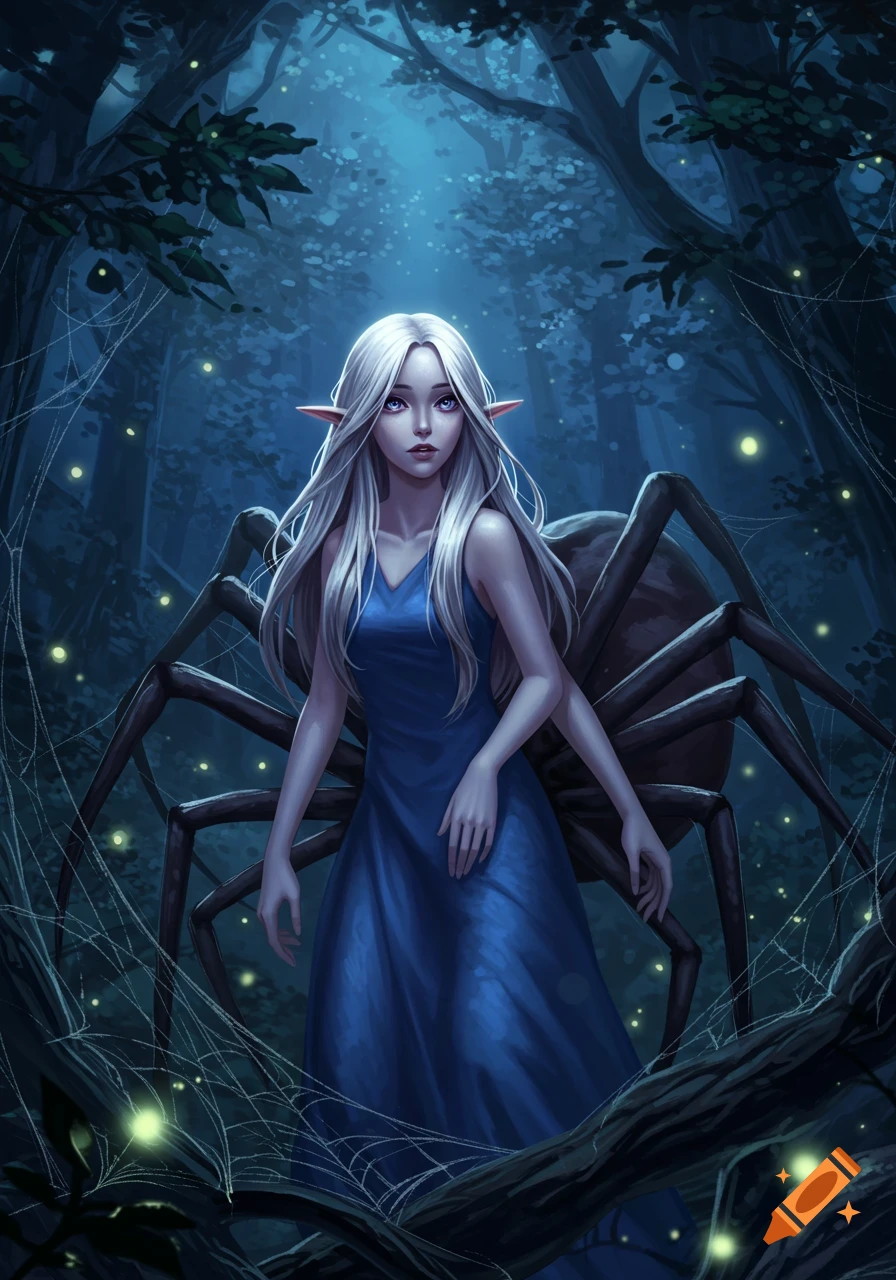 An anime Arachne girl in a blue dress stands in a dark, moonlit fantasy forest with spider webs and glowing fireflies.