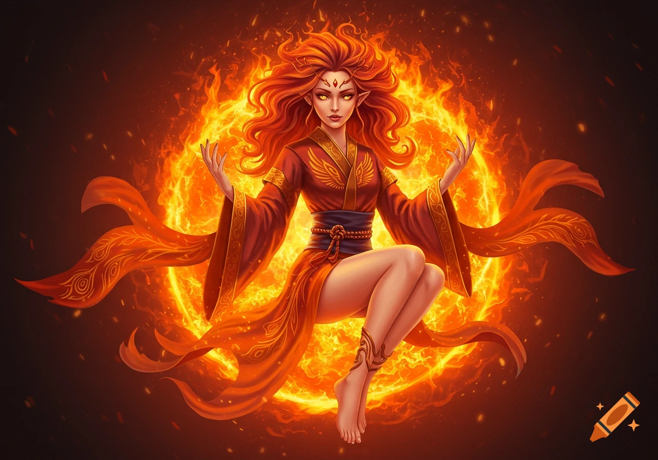 Ethereal fire mage woman with long red hair and golden eyes, seated gracefully in a crackling ball of orange-red flames, wearing elegant robes.