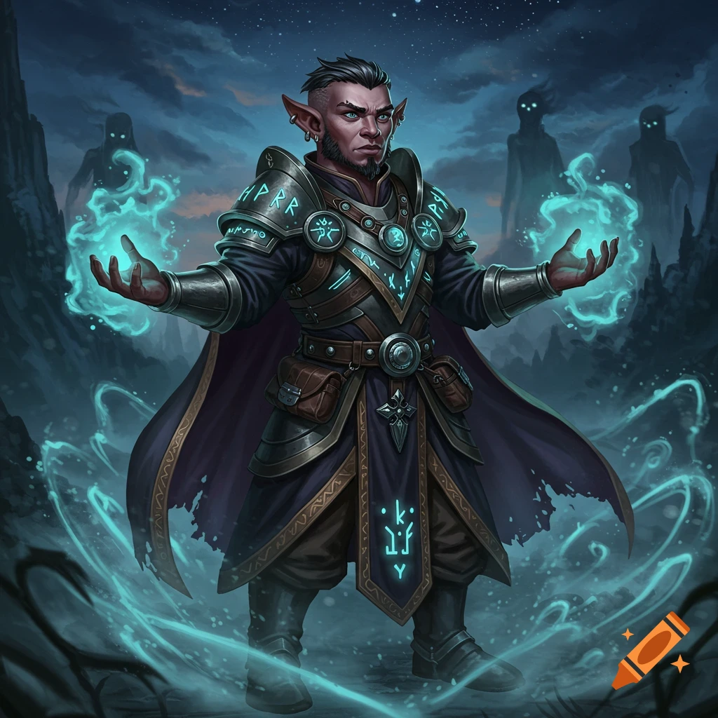 A halfling cleric in ornate battle robes casts glowing blue magic, with shadowy figures in a dark fantasy setting.