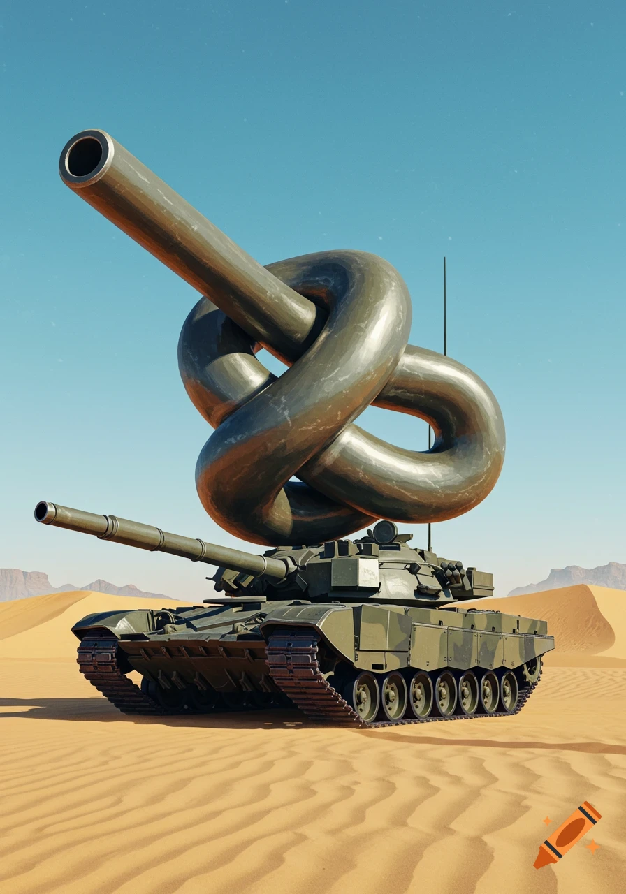 Photorealistic image of a military tank with its cannon barrel tied in a knot, set in a vast desert landscape.