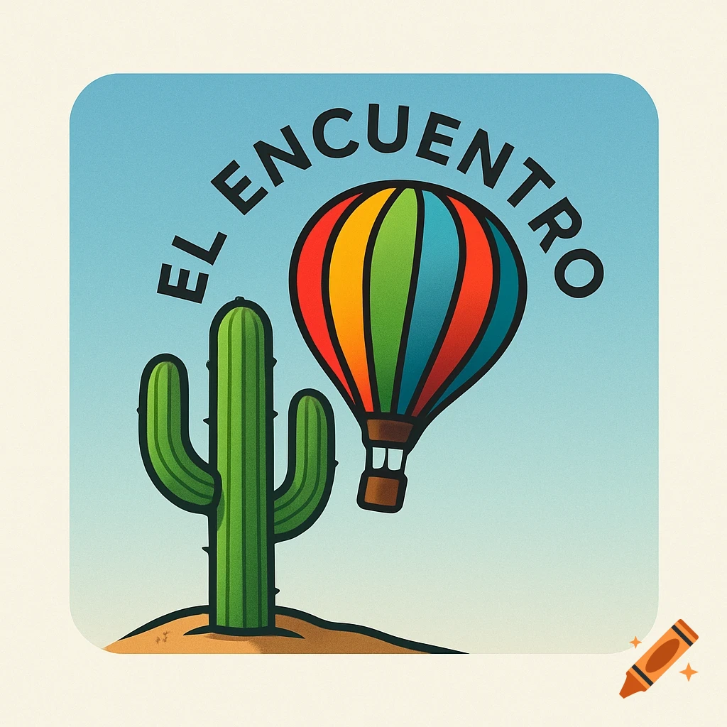 A square logo featuring a green cactus, a colorful hot air balloon, and the text "EL ENCUENTRO" on a blue sky background.