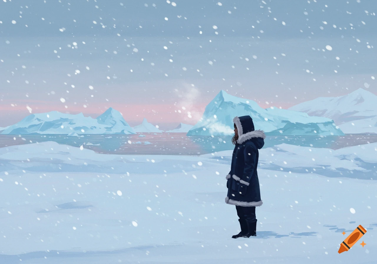 Illustrated woman in a dark winter coat standing in a snowy Antarctic landscape with icebergs under a pale sky.