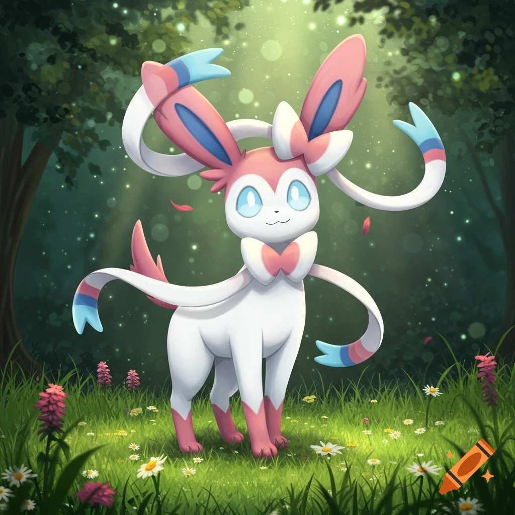 A vibrant illustration of a white, pink, and blue Sylveon Pokémon standing in a sunny, grassy forest with flowers.