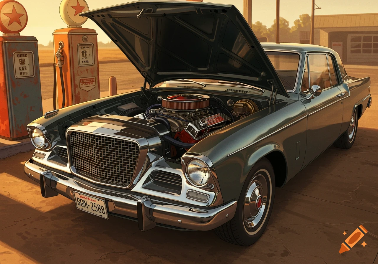 A dark green 1963 Studebaker GT Hawk with its hood open, revealing the engine, parked at vintage gas pumps.