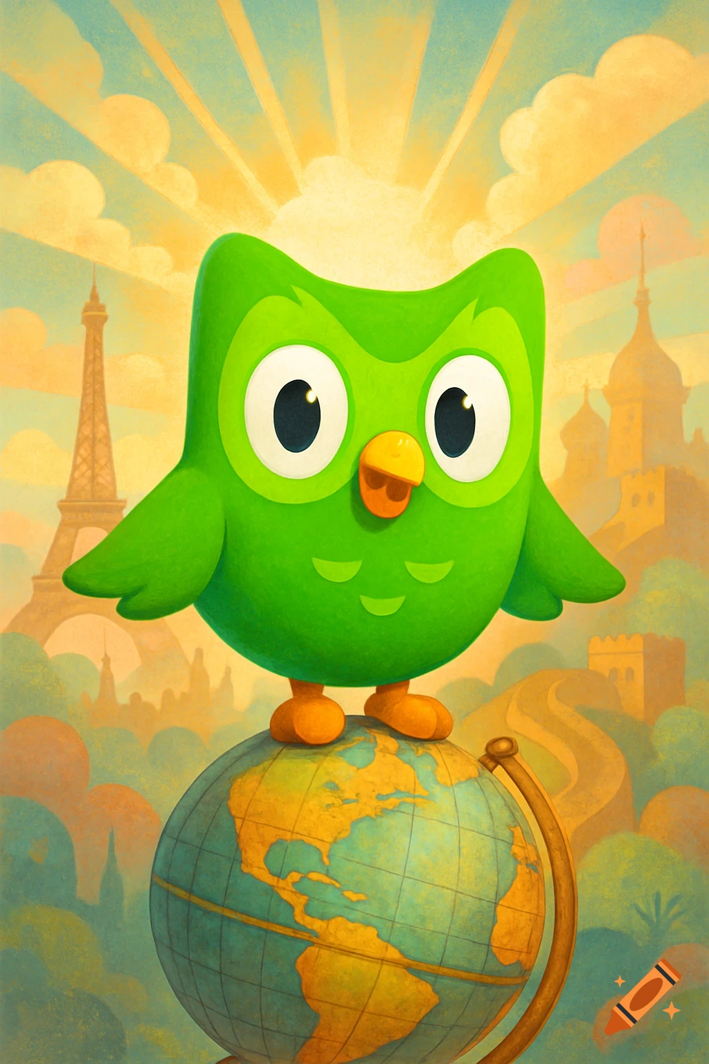 Green Duolingo owl standing on a globe, with the Eiffel Tower and other landmarks in the background, in a stylized illustration.