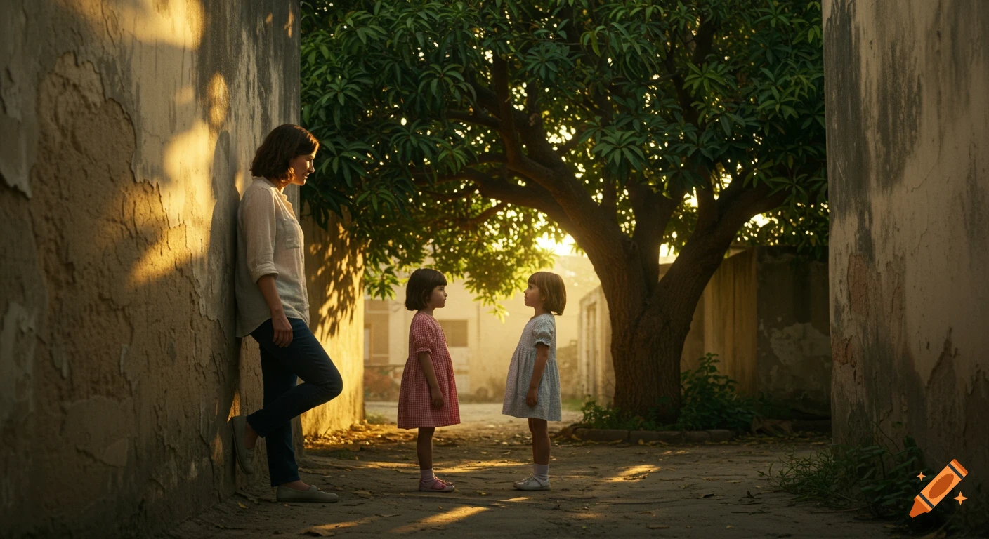 Photorealistic scene: adult woman leans on an alley wall, watching two young girls under a large, sunlit tree at golden hour.