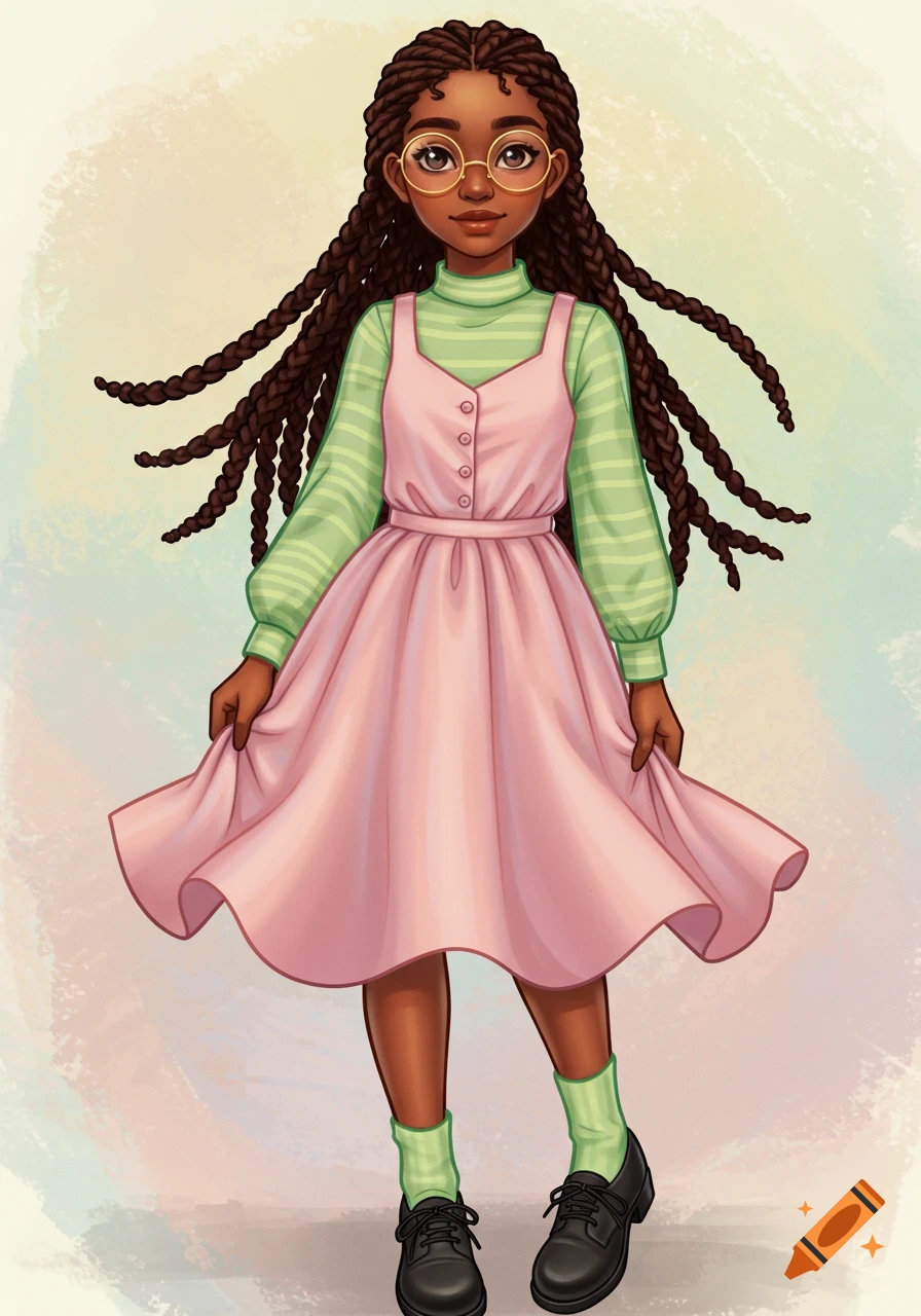 A cartoon illustration of a young girl with long braids, glasses, a pink dress over a green striped shirt, and black shoes.