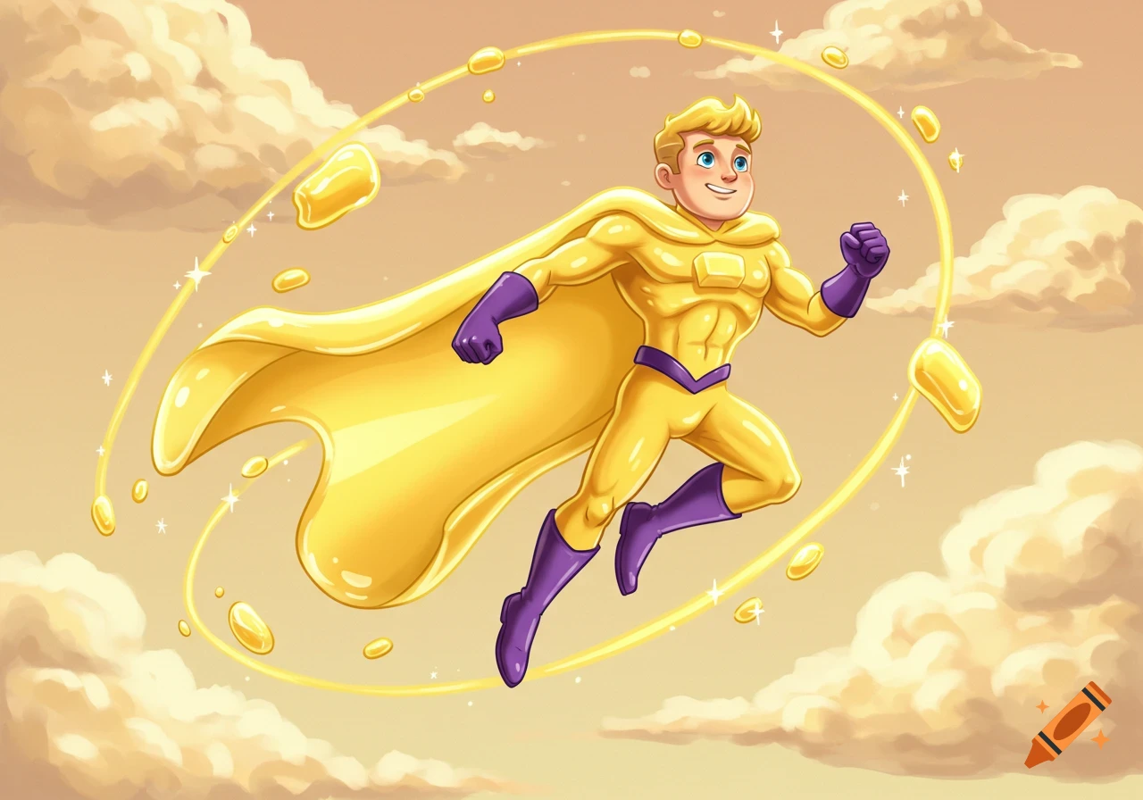 Cartoon superhero in a yellow suit and cape, flying through a cloudy sky with glowing yellow energy.