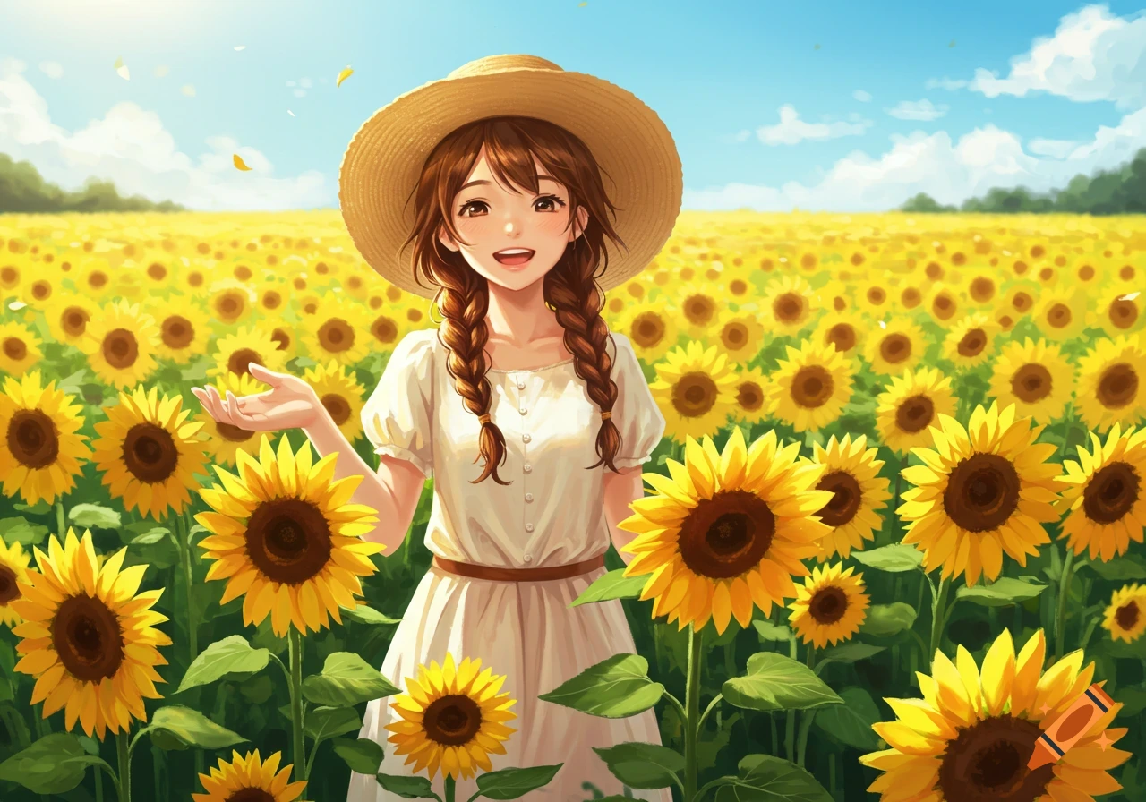 Happy anime girl in a straw hat and braids, wearing a white dress, standing in a vibrant sunflower field under a blue sky.