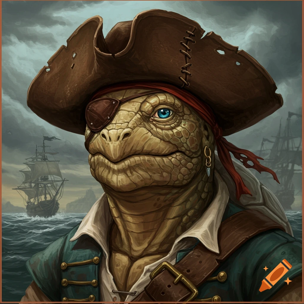 Illustrated portrait of a Tortle pirate wearing an eyepatch and a brown tricorn hat, with ships on a stormy sea in the background.