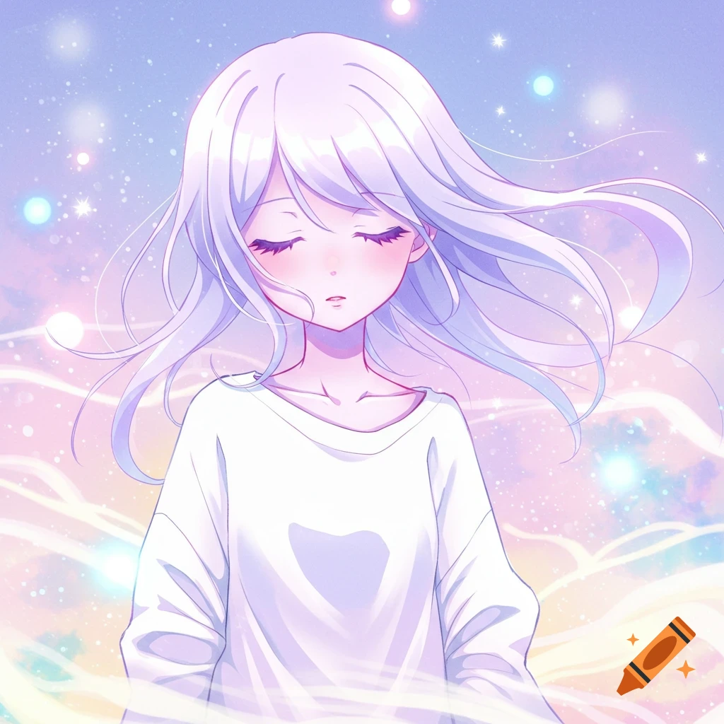 Anime girl with flowing light purple hair, closed eyes, and a white oversized shirt against a dreamy pastel sky.