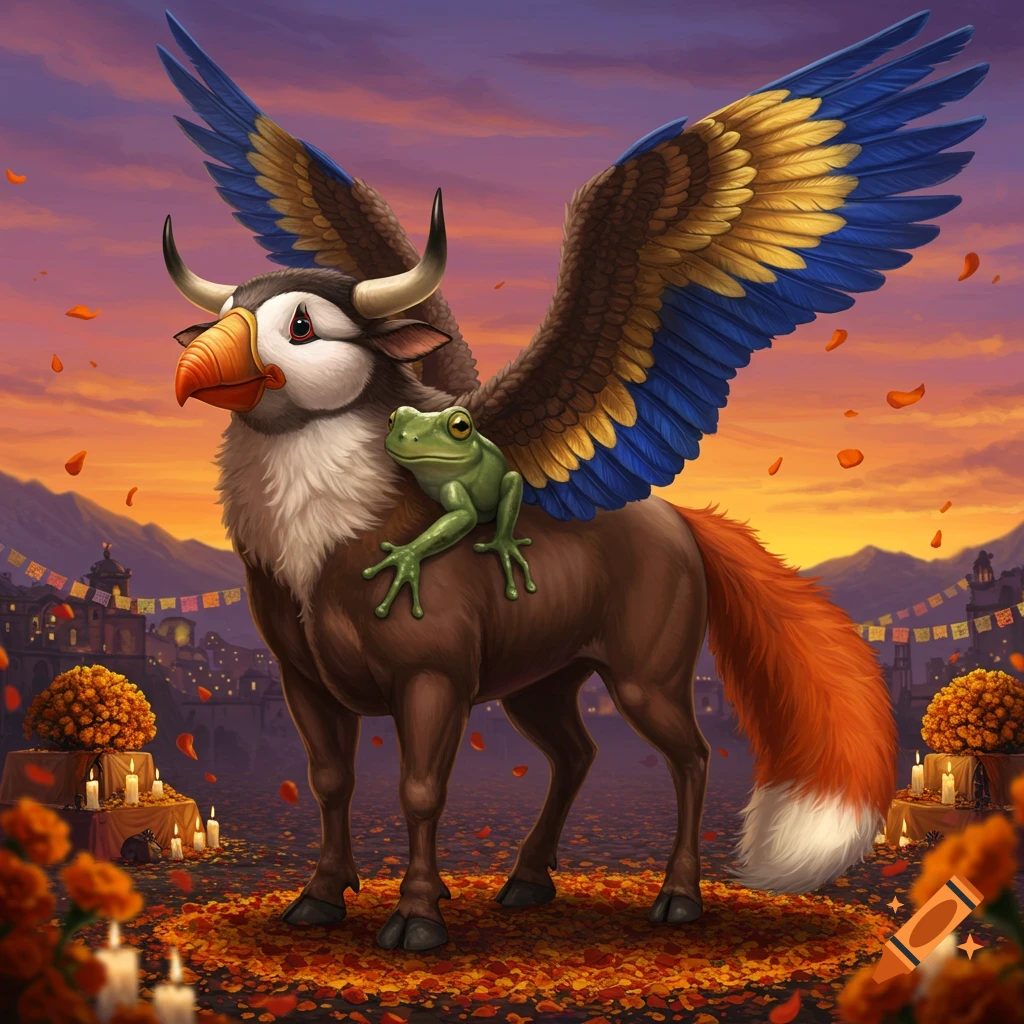 A colorful alebrije with a puffin head, bull body, fox tail, and eagle wings carries a green frog on its back amidst marigolds and candles during sunset.