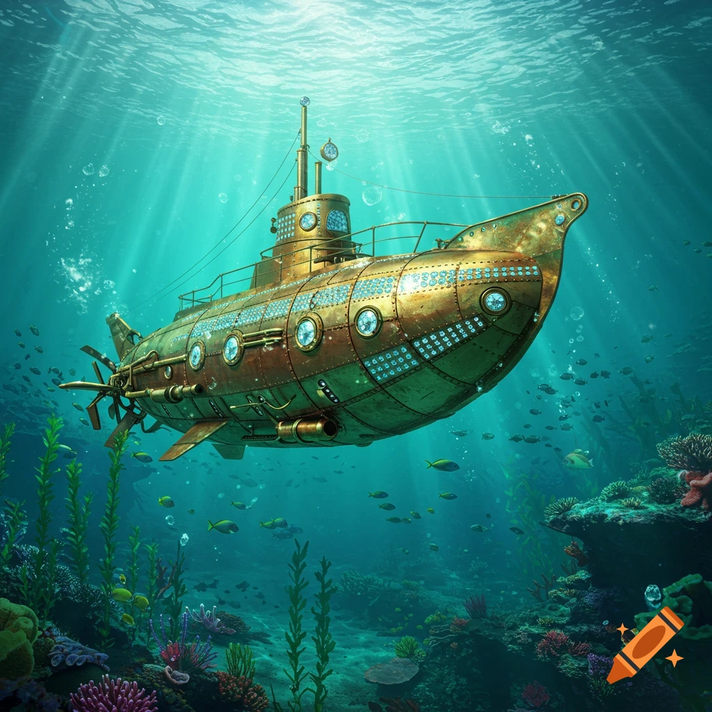 A vibrant, golden steampunk submarine with jewel embellishments floats above a colorful coral reef teeming with fish in clear blue water.