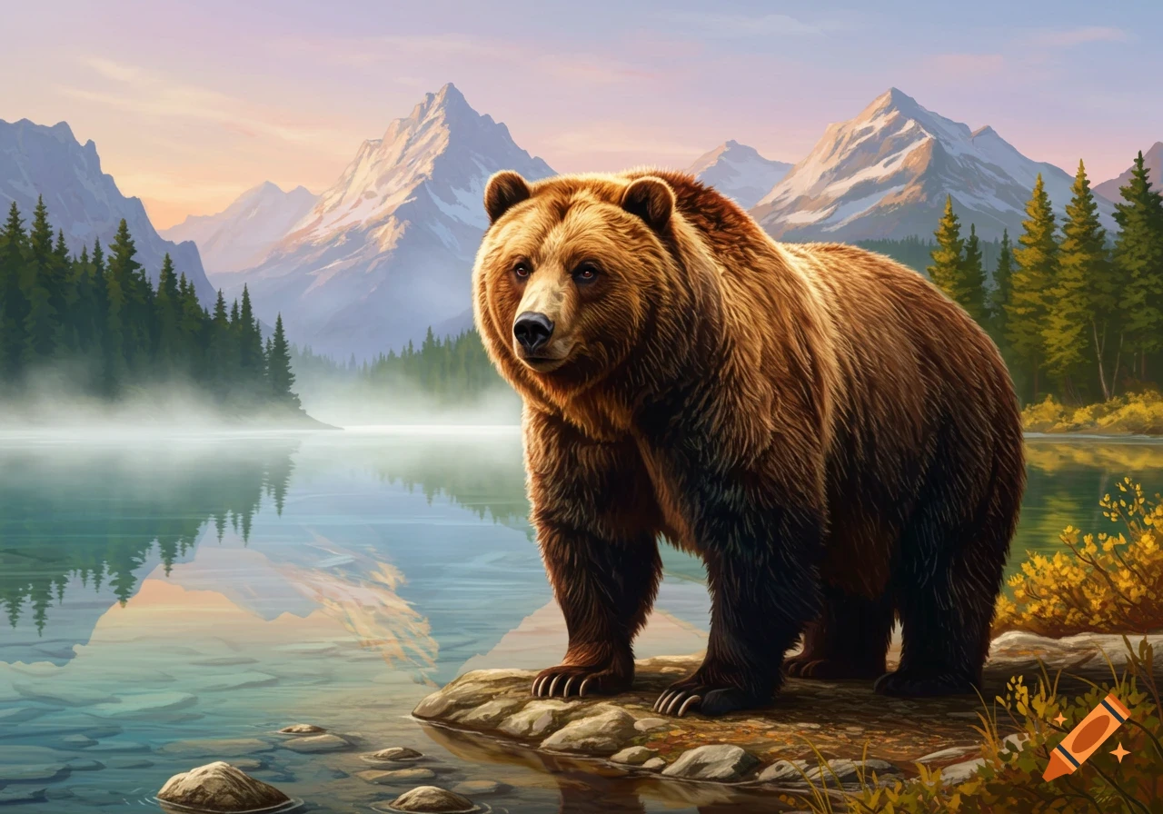 A majestic brown bear stands on rocks by a tranquil mountain lake, surrounded by pine forests and snow-capped peaks at sunset.