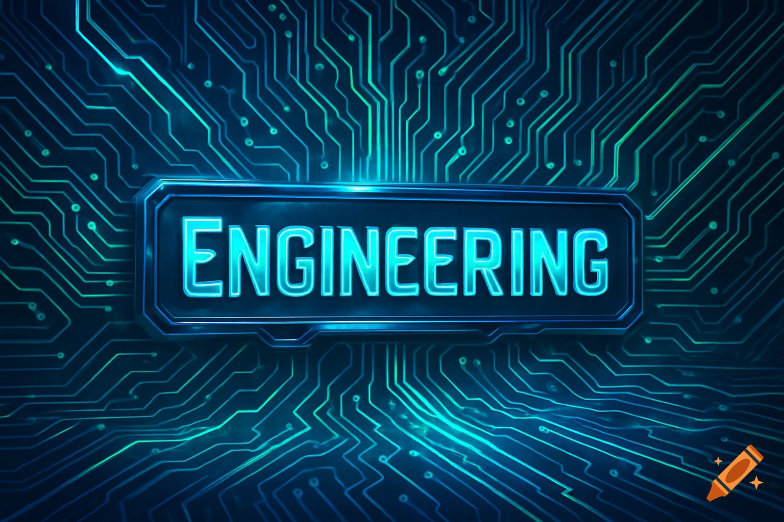A glowing blue sign with 'ENGINEERING' text over a background of green and blue circuit board traces.