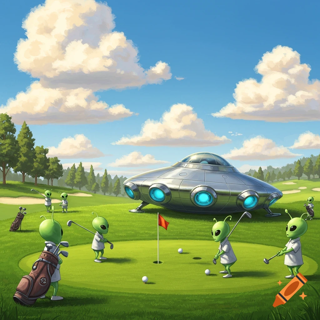 Green aliens play golf around a silver UFO on a sunny golf course, with trees and fluffy clouds in the background.