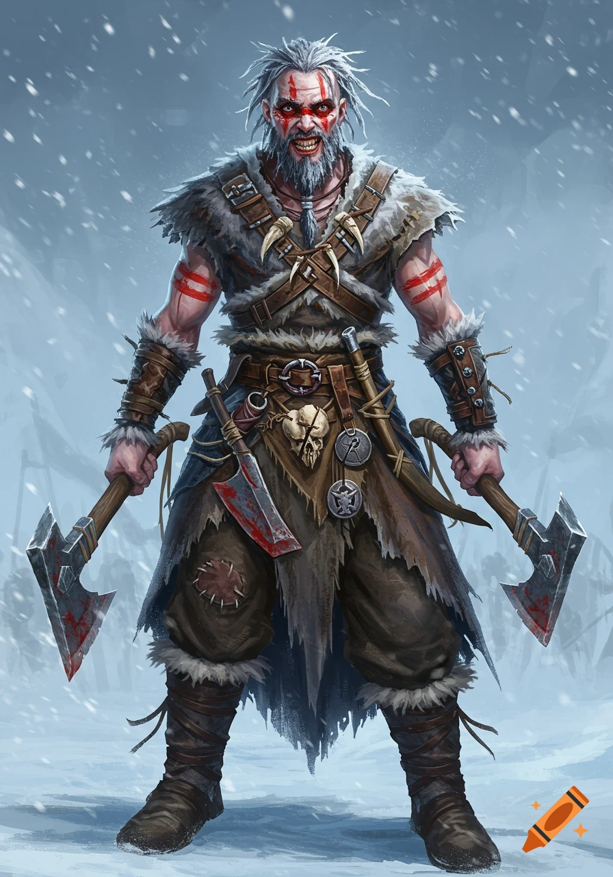 Digital painting of a grizzled, war-painted barbarian with wild eyes, dual bloody axes, in a snowy landscape.